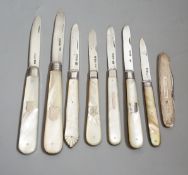 A collection of seven assorted mainly 20th century mother of pearl handled silver fruit knives and a