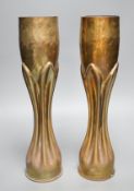 Trenchart- A pair of WWI brass shell case vases, 34.5cm tall