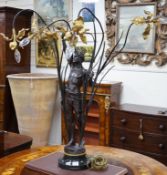 An ornate 19th century style bronze figure and iris table lamp,104 cms high,