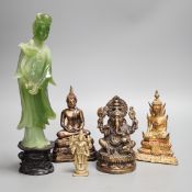 A Thai gilt resin model of Buddha, an Indian bronze model of Ganesh, a jadeite coloured carving of