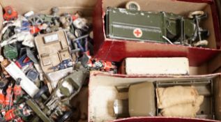 A selection of British lead soldiers, and a W. Britain ambulance/tender etc.