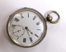 A late Victorian silver open faced pocket watch, with Roman dial and subsidiary seconds, with key.