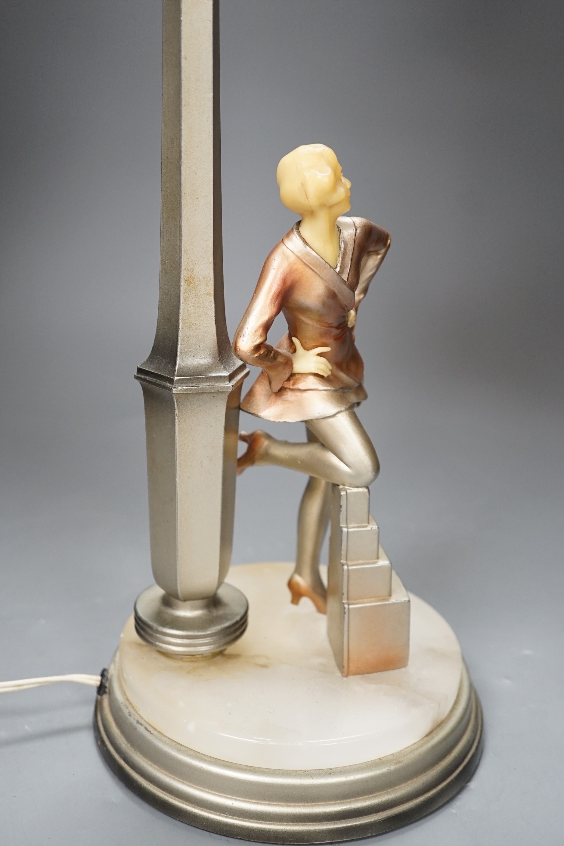 An Art Deco Cold painted spelter and composition figural table lamp and glass shade, 67cm high, - Image 4 of 4