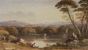 John Varley (1778-1842), watercolour, Landscape with figure seated beside a lake, signed, 12 x 21cm.