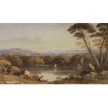 John Varley (1778-1842), watercolour, Landscape with figure seated beside a lake, signed, 12 x 21cm.