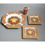 Rosenthal for Versace. A Medusa pattern ashtray, a pair of square dishes and a small jug