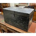 A 19th century iron bound travelling trunk, width 88cm, depth 53cm, height 53cm