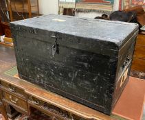 A 19th century iron bound travelling trunk, width 88cm, depth 53cm, height 53cm