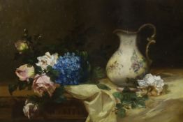Alfred Rouby (French, 1849-1909), oil on wooden panel, Still life of flowers and a jug upon a