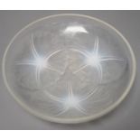 A R. Lalique Volubulis pattern opalescent glass tripod bowl. 21.5cm diameter
