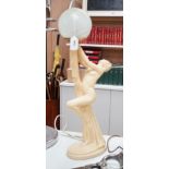 An Art Deco style painted composition table lamp with crackle glass shade, 68cm total height