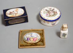 A Continental circular porcelain pot and cover, a plaque and a matchbox cover