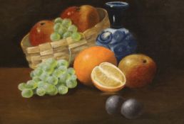 English School c.1900, oil on canvas, Still life of fruit on a table top, 24 x 34cm