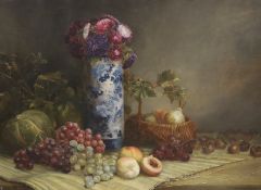 Eleanor Brace of Brighton (19th C.), oil on canvas, Still life of chrysanthemums in a vase and fruit