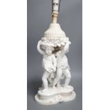 A Victorian English porcelain cherub centrepiece, now mounted as a lamp (restored), possibly Moore