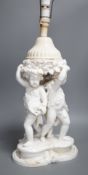 A Victorian English porcelain cherub centrepiece, now mounted as a lamp (restored), possibly Moore