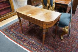 A Regency banded and inlaid mahogany D shaped folding card table, width 91cm, depth 45cm, height