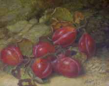 J.H. Major (19th C.), oil on board, Still life of plums, signed and dated 1883, 20 x 24cm