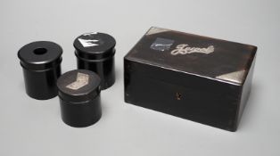A Victorian silver mounted ebonised 'jewels' box and three jars