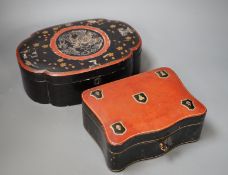 A French leather mounted serpentine glove box and a Japanese lacquer box. Largest 26.5cm wide