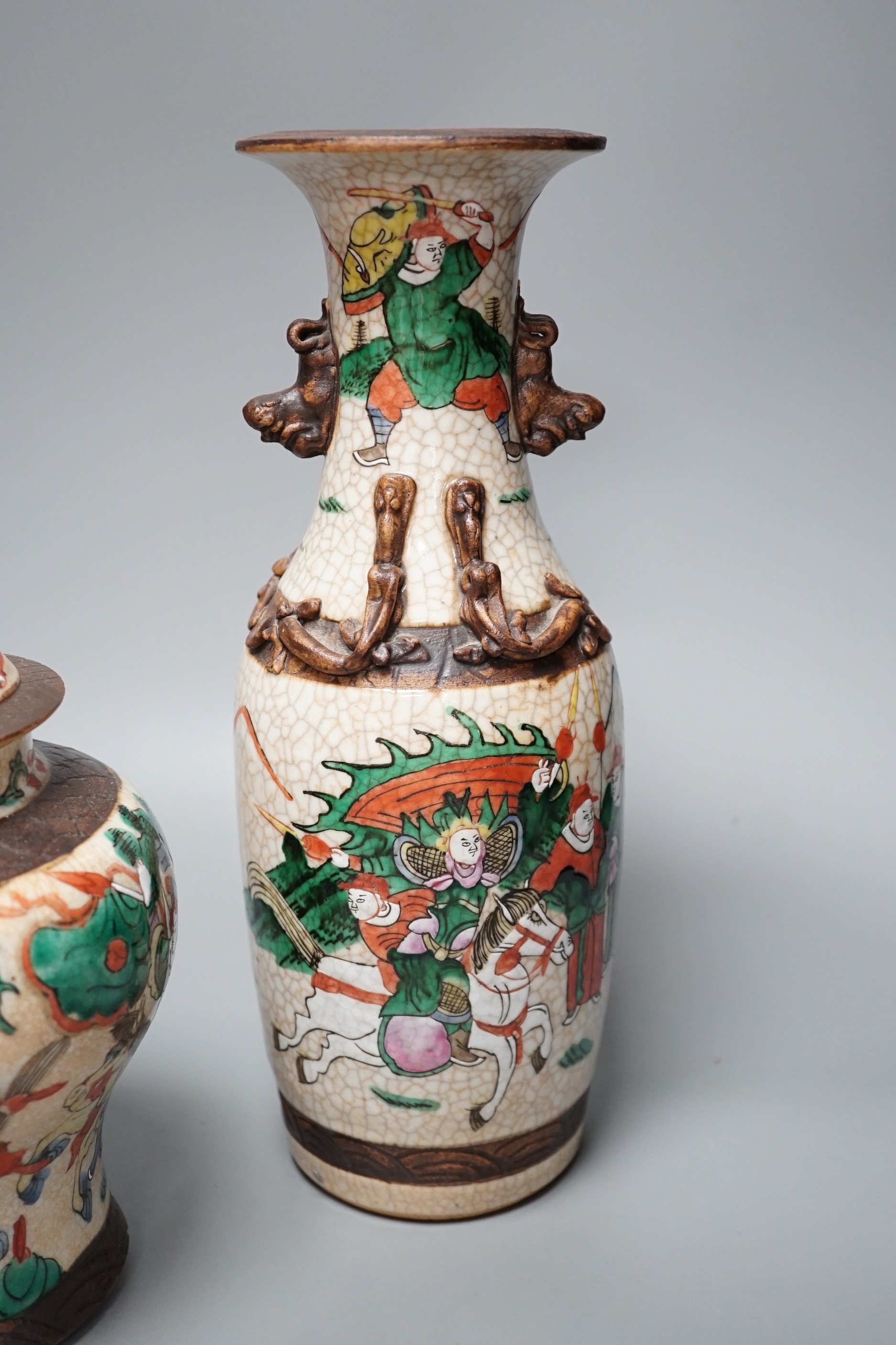 A pair of late 19th century Chinese crackle glaze vases and a similar vase and cover, tallest 29. - Image 2 of 6