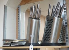 Two stainless steel blocks of assorted Global kitchen knives, two carving forks,