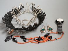 Costume jewellery including, two head ornaments, a white metal and two stone agate dress ring,