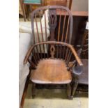 A 19th century ash and elm Windsor armchair, width 40cm, height 106cm