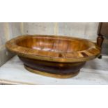 A brass mounted oval staved wood bowl, width 48cm, depth 37cm, height 15cm