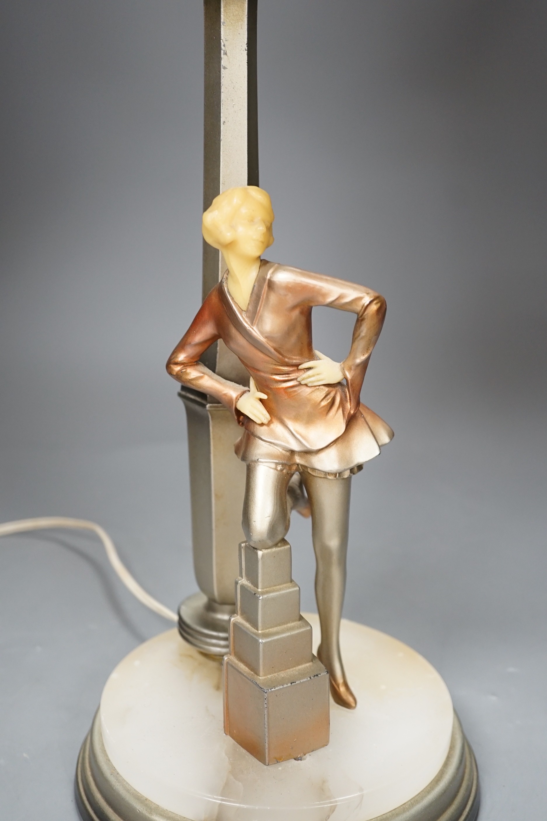 An Art Deco Cold painted spelter and composition figural table lamp and glass shade, 67cm high, - Image 3 of 4