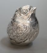 An early 20th century silver box with hinged cover, modelled as a hatching chick, Sampson Mordan &