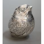 An early 20th century silver box with hinged cover, modelled as a hatching chick, Sampson Mordan &