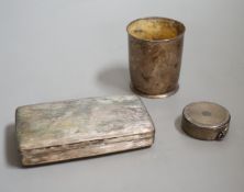 A Dutch white metal tobacco box, 11.3cm and a similar beaker (both a.f.) together with a French
