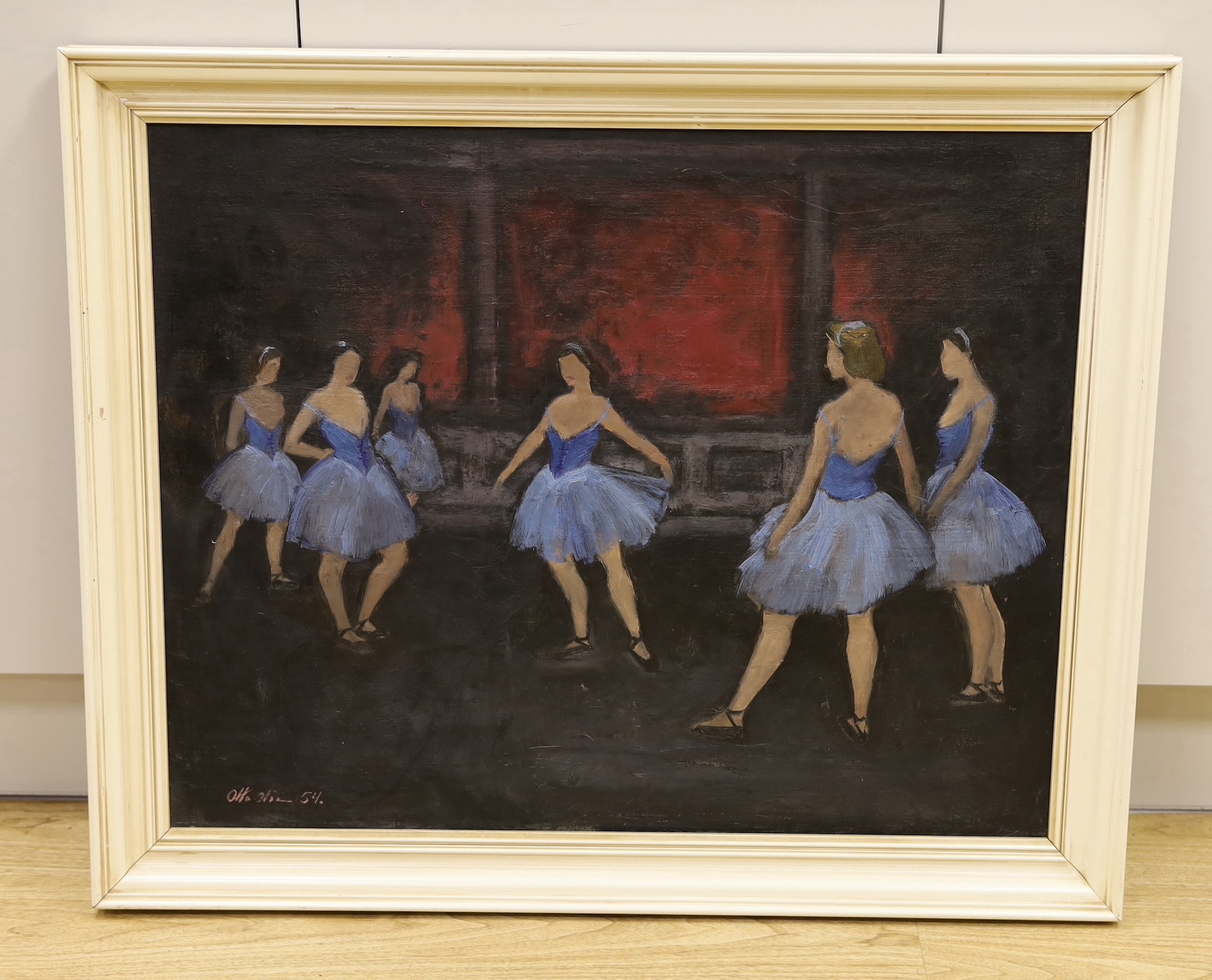 Otto Olsen (Danish, 1905-1966), oil on canvas, Ballerinas, signed and dated '54, 60 x 75cm - Image 2 of 3