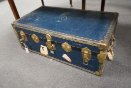A vintage brass bound travelling trunk, length 91cm, depth 51cm, height 33cm