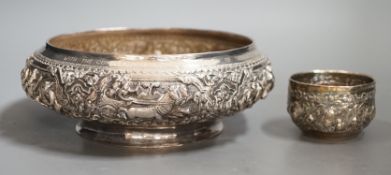 An Indian repousse white metal presentation bowl, with engraved inscription, diameter 21.5cm and a
