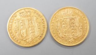 Two Victoria gold half sovereigns, 1858 & 1880.