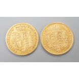 Two Victoria gold half sovereigns, 1858 & 1880.