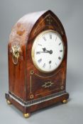 A Clements of Oxford brass inset mahogany lancet timepiece, with pendulum. 30cm high