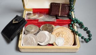 An Asprey travelling timepiece, miscellaneous coins, a malachite bead necklace etc