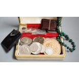 An Asprey travelling timepiece, miscellaneous coins, a malachite bead necklace etc