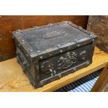 A 19th century Brevete iron strong box, with key, width 37cm, depth 26cm, height 18cm