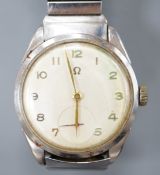 A gentleman's stainless steel Omega manual wind wrist watch, with Arabic dial and case back
