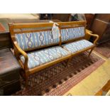 An upholstered mid century bench seat, length 198cm, depth 42cm, height 89cm