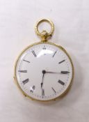 A continental engraved yellow metal open faced fob watch, with Roman dial, case diameter 38mm, gross