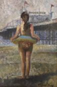 St John Child, oil on board, Girl on the beach with Brighton Palace Pier beyond, 32 x 21cm