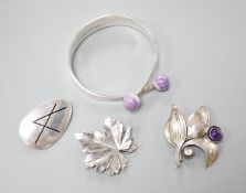 Four items of 20th century Scandinavian white metal jewellery, including a brooch and amethyst
