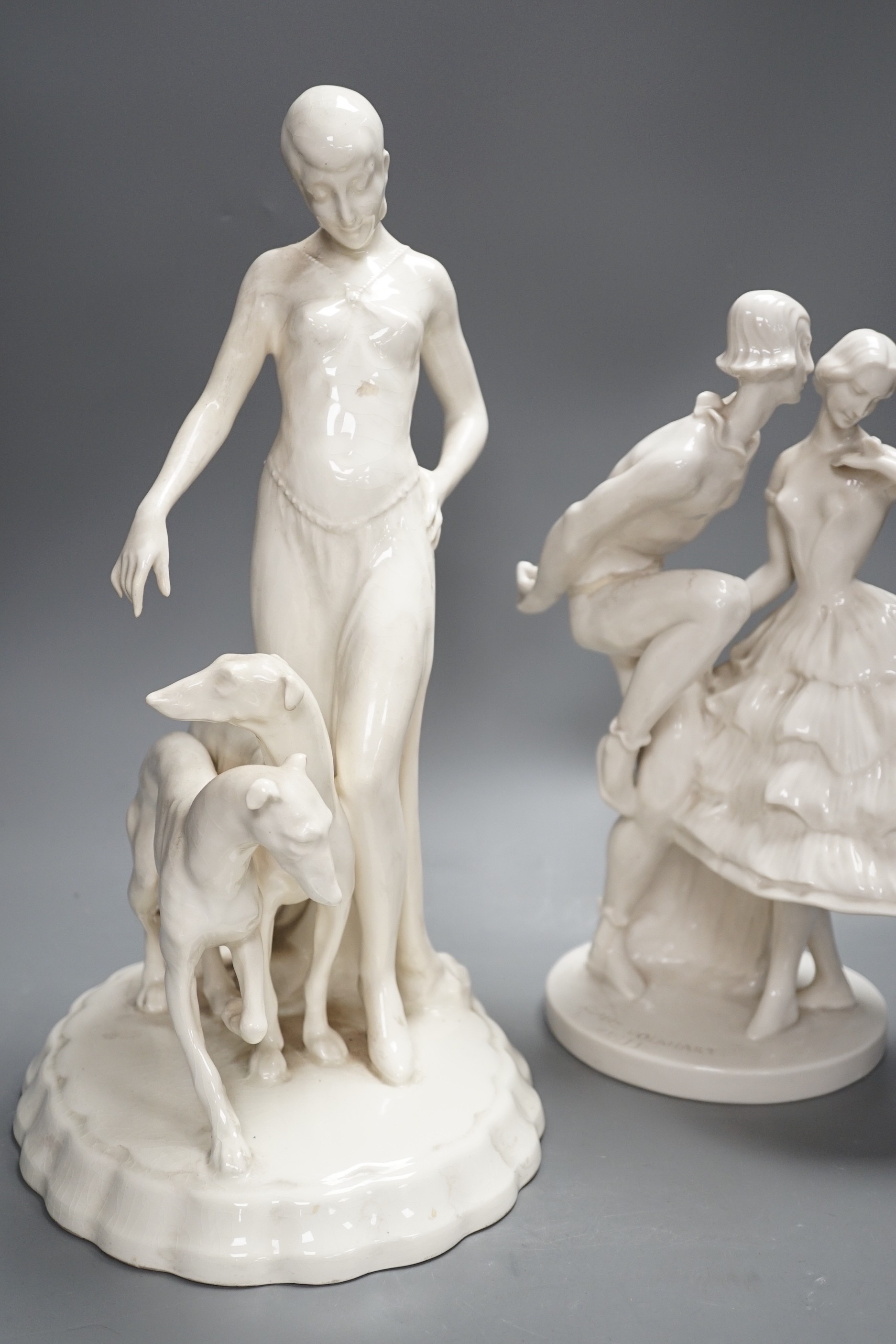 A Royal Dux Art Deco white glazed group modelled as a flapper with two greyhounds, no. 14212, and - Image 4 of 9