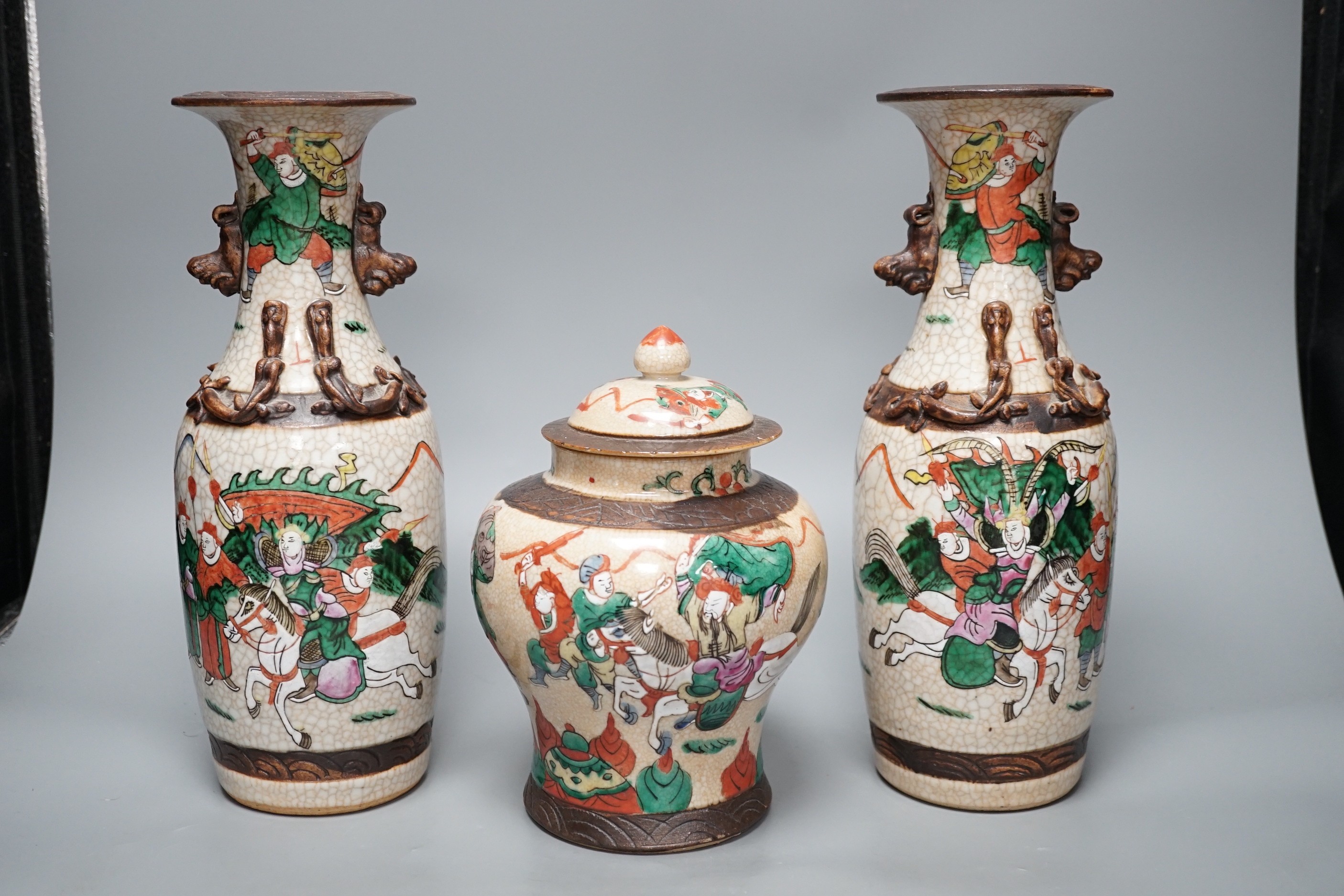 A pair of late 19th century Chinese crackle glaze vases and a similar vase and cover, tallest 29. - Image 5 of 6