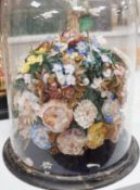 A French decorative shell and floral display under glass dome. 46cm high